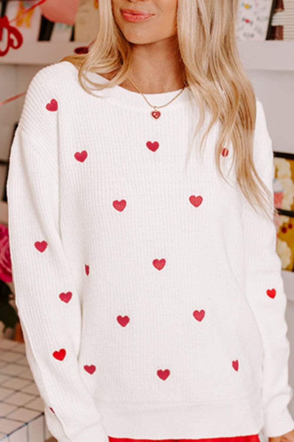 Heart Round Neck Long Sleeve Sweater - Trendsi - Flyclothing LLC