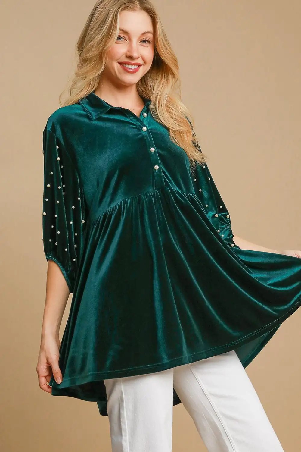 Umgee Pearl Detail Half Sleeve Velvet Babydoll Blouse - Trendsi