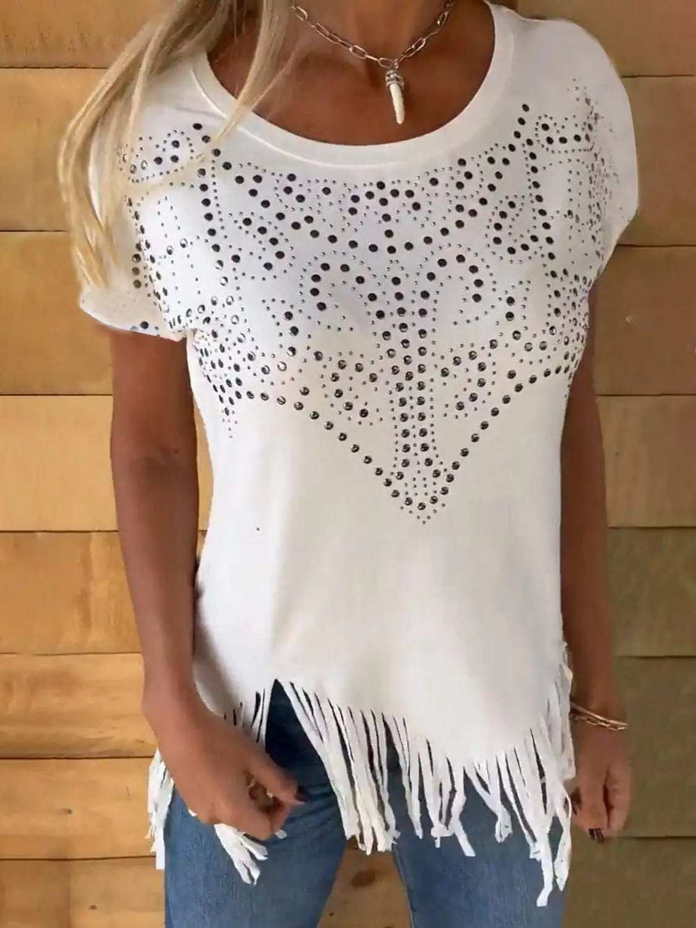 Studded Fringe Round Neck Cap Sleeve T-Shirt - Trendsi - Flyclothing LLC