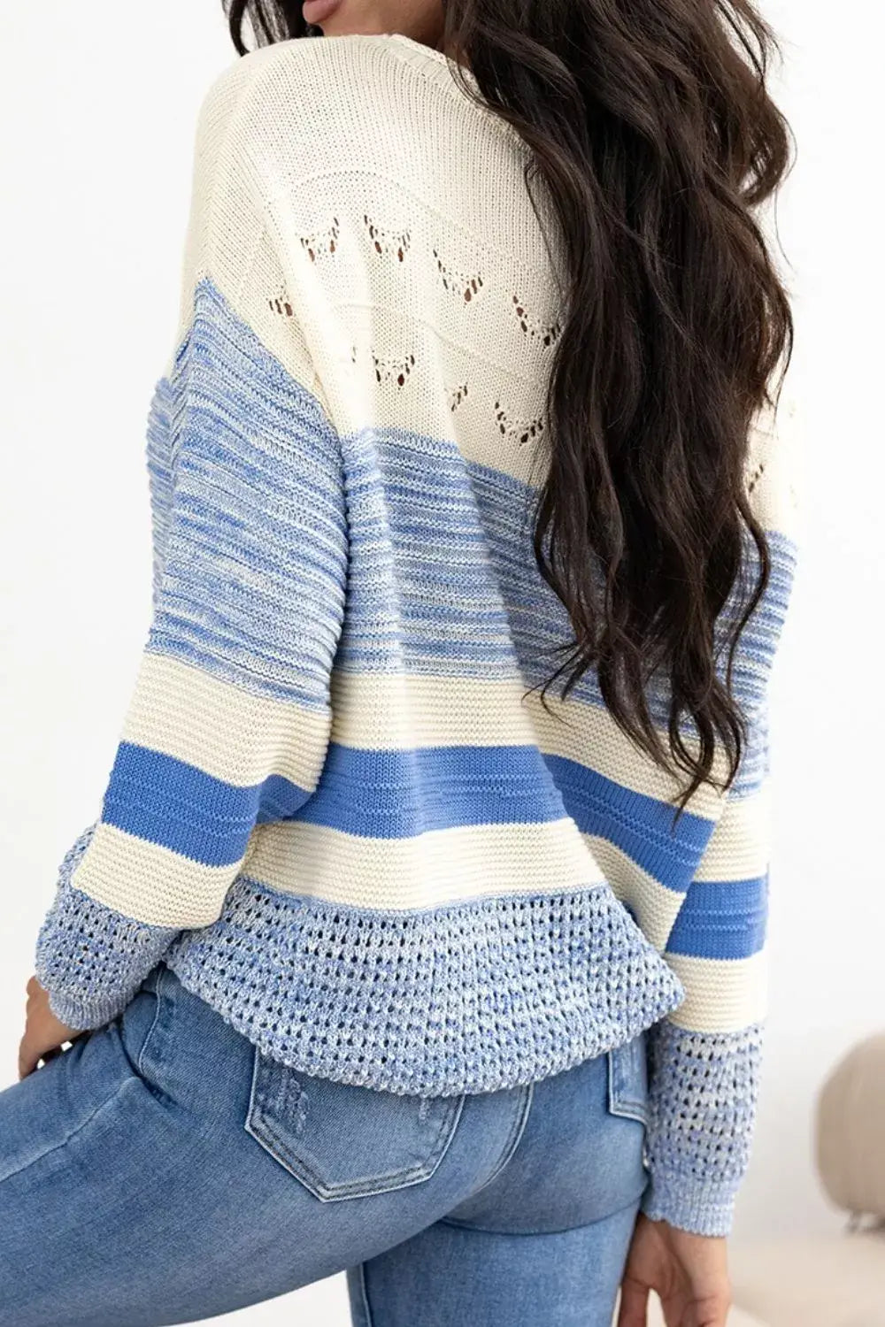 Openwork Striped Knit Long Sleeve Sweater - Trendsi - Flyclothing LLC