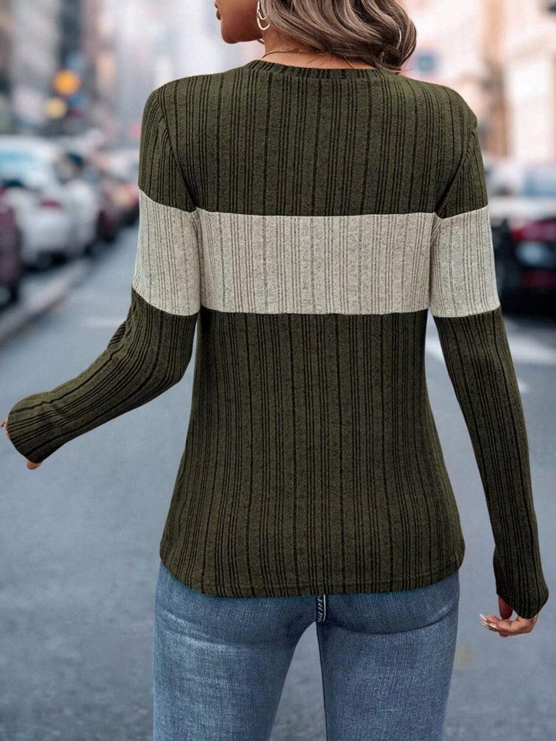 Color Block Round Neck Long Sleeve Top - Trendsi - Flyclothing LLC