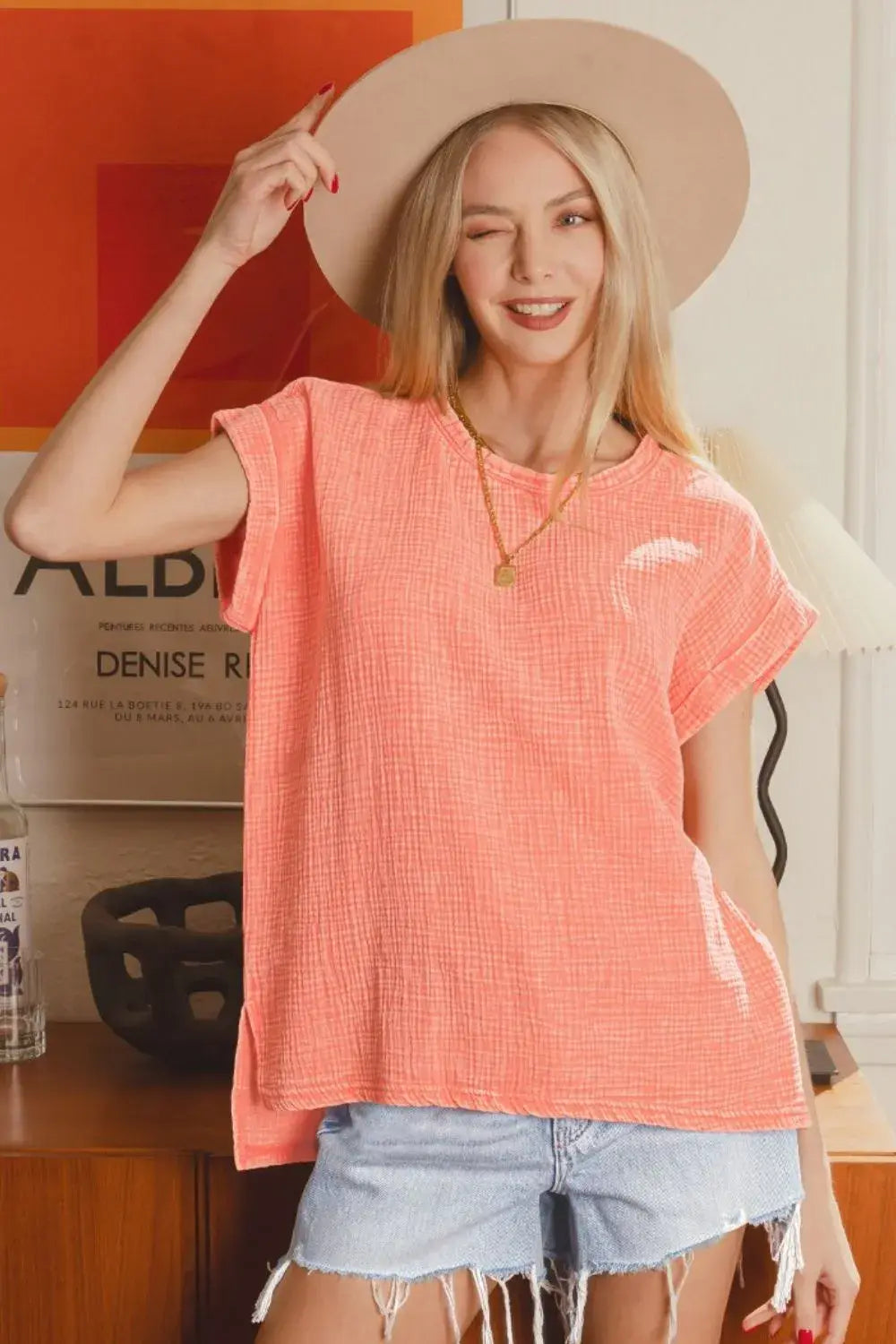 Zenana Woven Double Gauze Acid Washed Short Sleeve Top - Trendsi - Flyclothing LLC