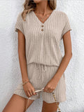 Ribbed V-Neck Top and Shorts Set - Trendsi