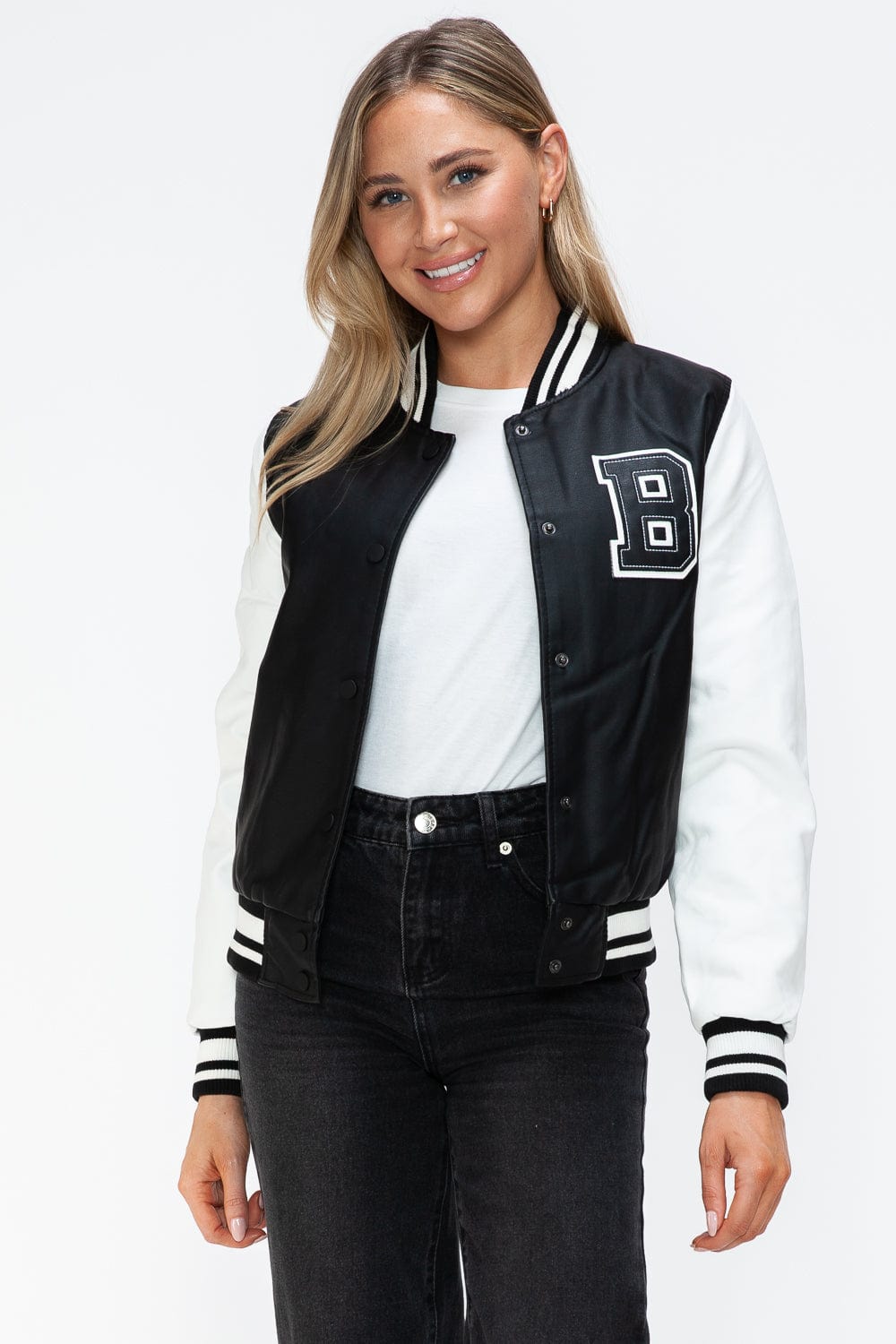 Love Me Now PU Leather Contrast Snap Down Bomber Jacket - Trendsi