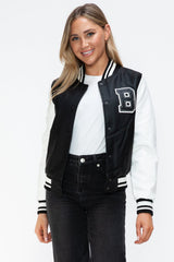 Love Me Now PU Leather Contrast Snap Down Bomber Jacket - Trendsi