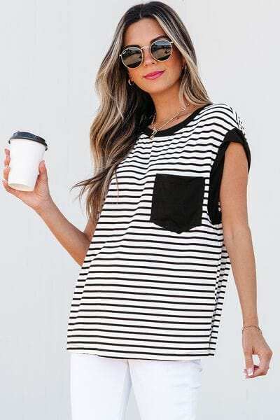 Striped Round Neck Cap Sleeve Top - Trendsi - Flyclothing LLC