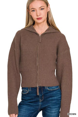 Zenana Ribbed Collared Zip Up Sweater Cardigan - Trendsi - Flyclothing LLC