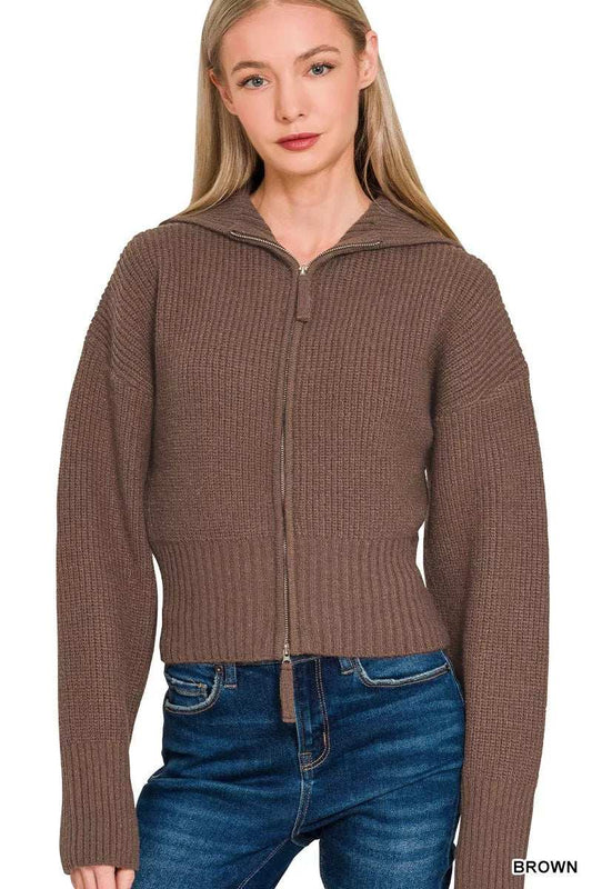 Zenana Ribbed Collared Zip Up Sweater Cardigan - Trendsi - Flyclothing LLC