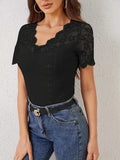 Lace Trim Eyelet Embroidered Summer T-Shirt - Trendsi - Flyclothing LLC