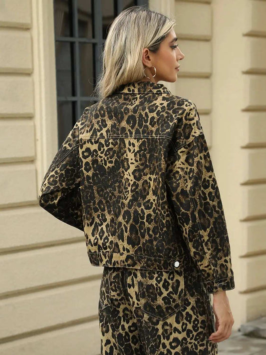 Pocketed Leopard Long Sleeve Denim Jacket - Trendsi - Flyclothing LLC