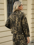 Pocketed Leopard Long Sleeve Denim Jacket - Trendsi
