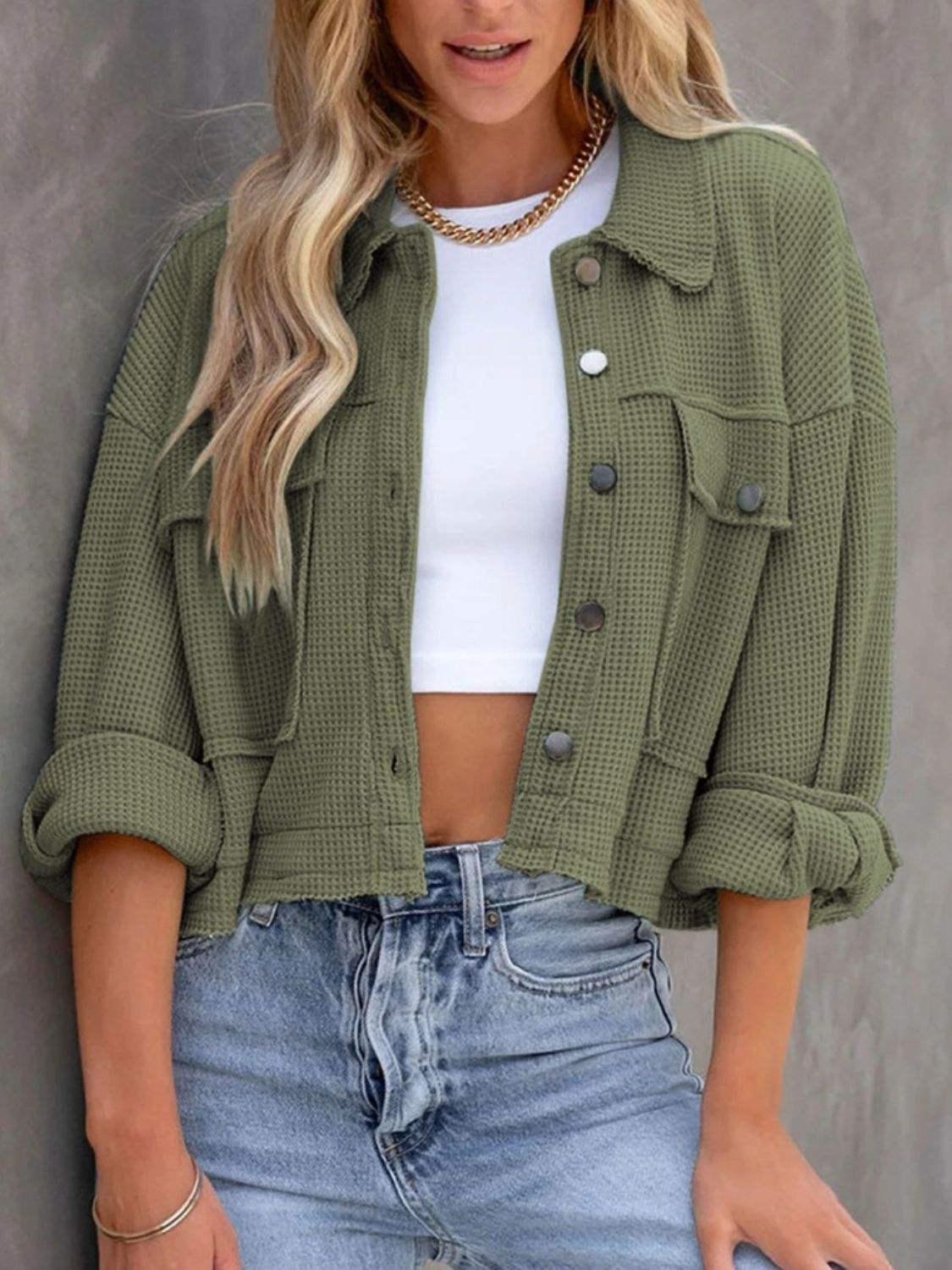 Button Up Long Sleeve Jacket - Trendsi - Flyclothing LLC