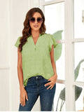 Swiss Dot Notched Cap Sleeve Blouse - Trendsi - Flyclothing LLC