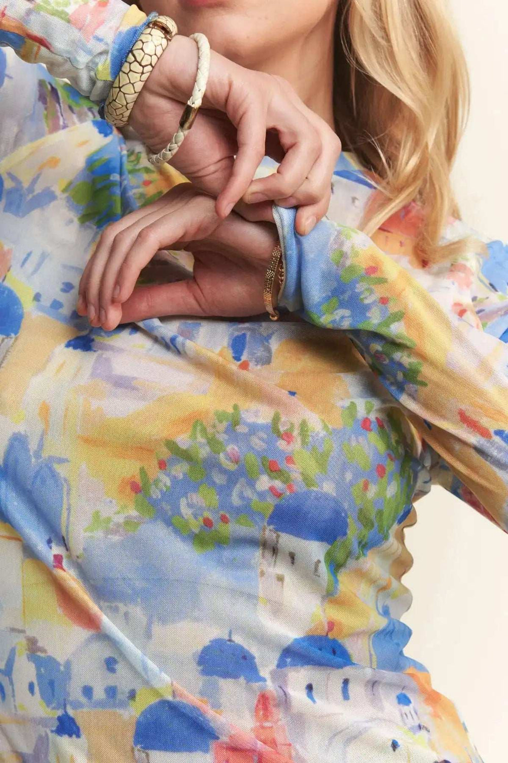 Davi & Dani Multi Printed Mesh Round Neck Long Sleeve Top - Trendsi - Flyclothing LLC