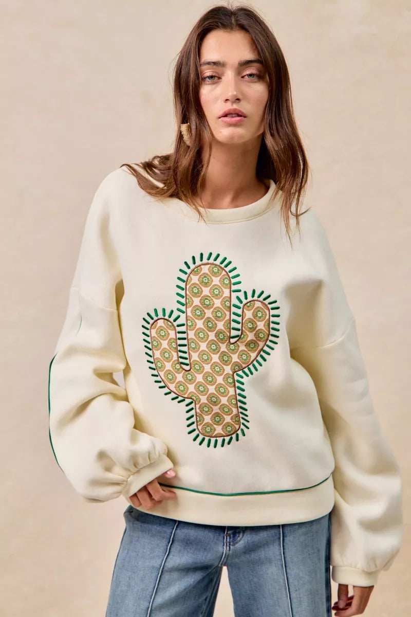 BiBi Cactus Embroidered Fleece Sweatshirt - Trendsi - Flyclothing LLC
