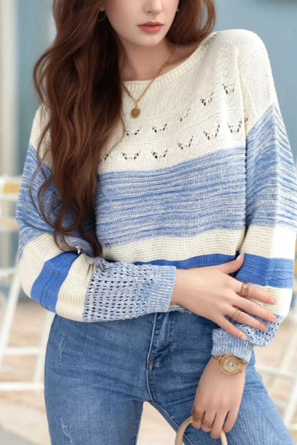 Openwork Striped Knit Long Sleeve Sweater - Trendsi - Flyclothing LLC
