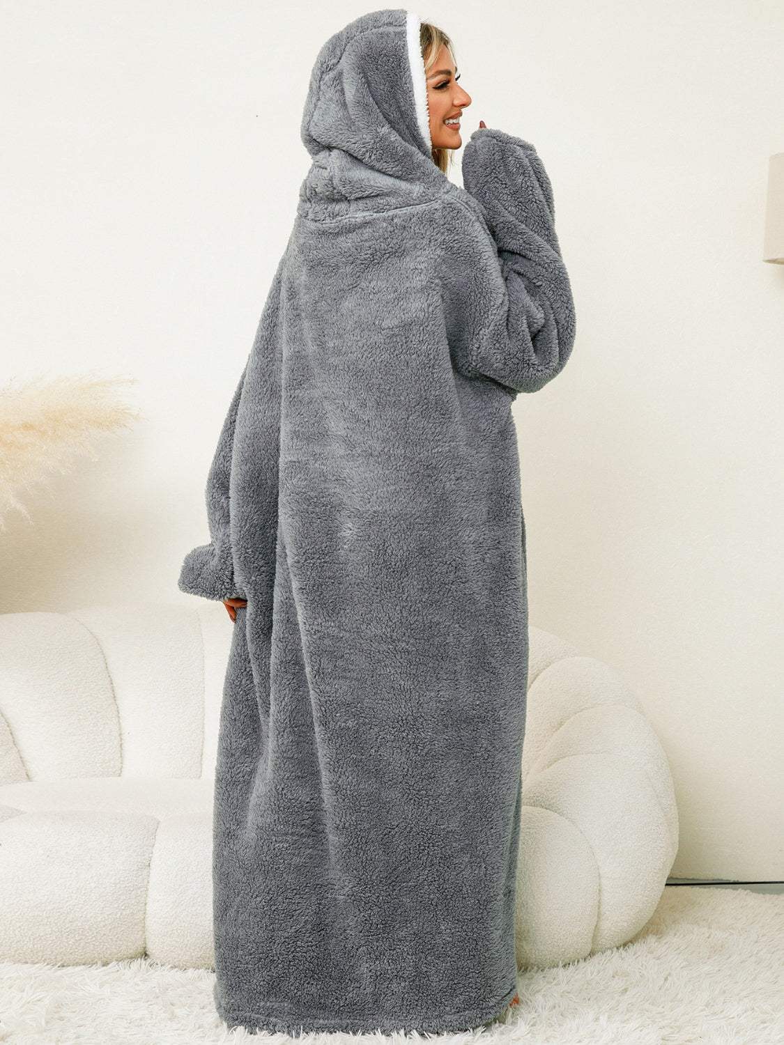 Pocketed Contrast Long Sleeve Hooded Lounge Dress - Trendsi - Flyclothing LLC