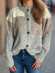 Color Block Round Neck Button Up Cardigan - Trendsi