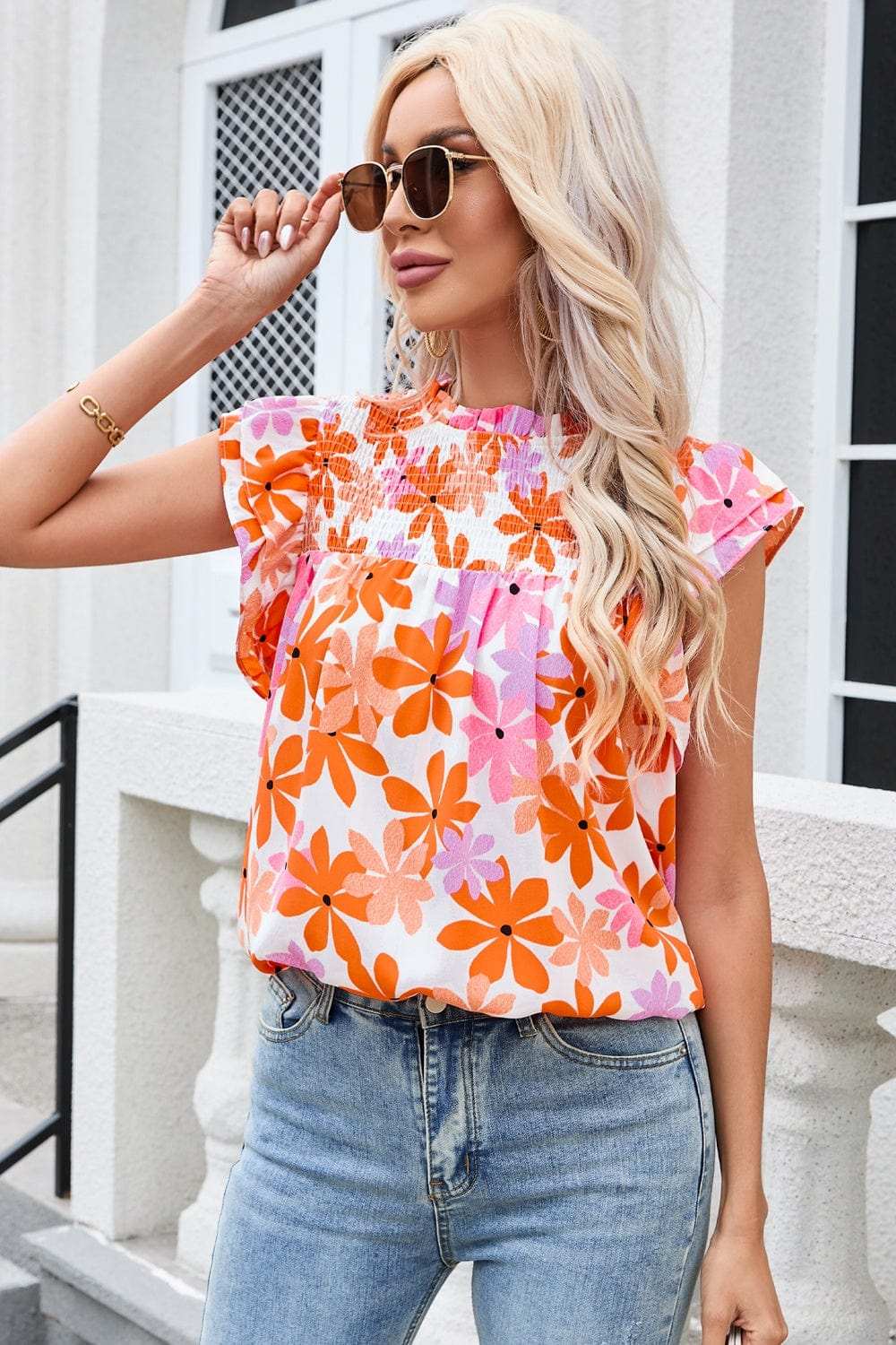 Printed Round Neck Cap Sleeve Blouse - Trendsi - Flyclothing LLC