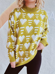 Heart Contrast Long Sleeve Dropped Shoulder Sweater - Trendsi