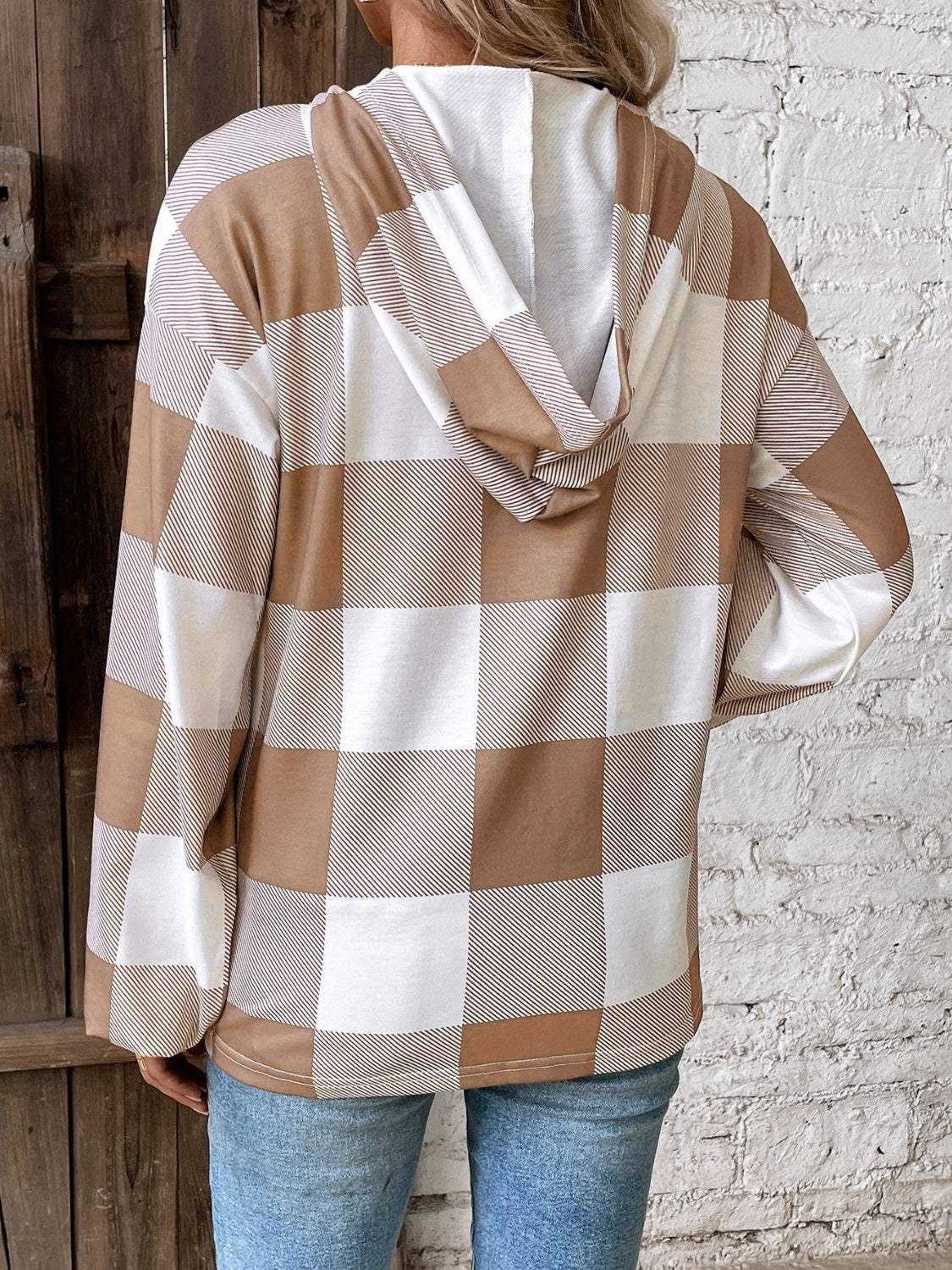 Plaid Dropped Shoulder Long Sleeve Hoodie - Trendsi - Flyclothing LLC