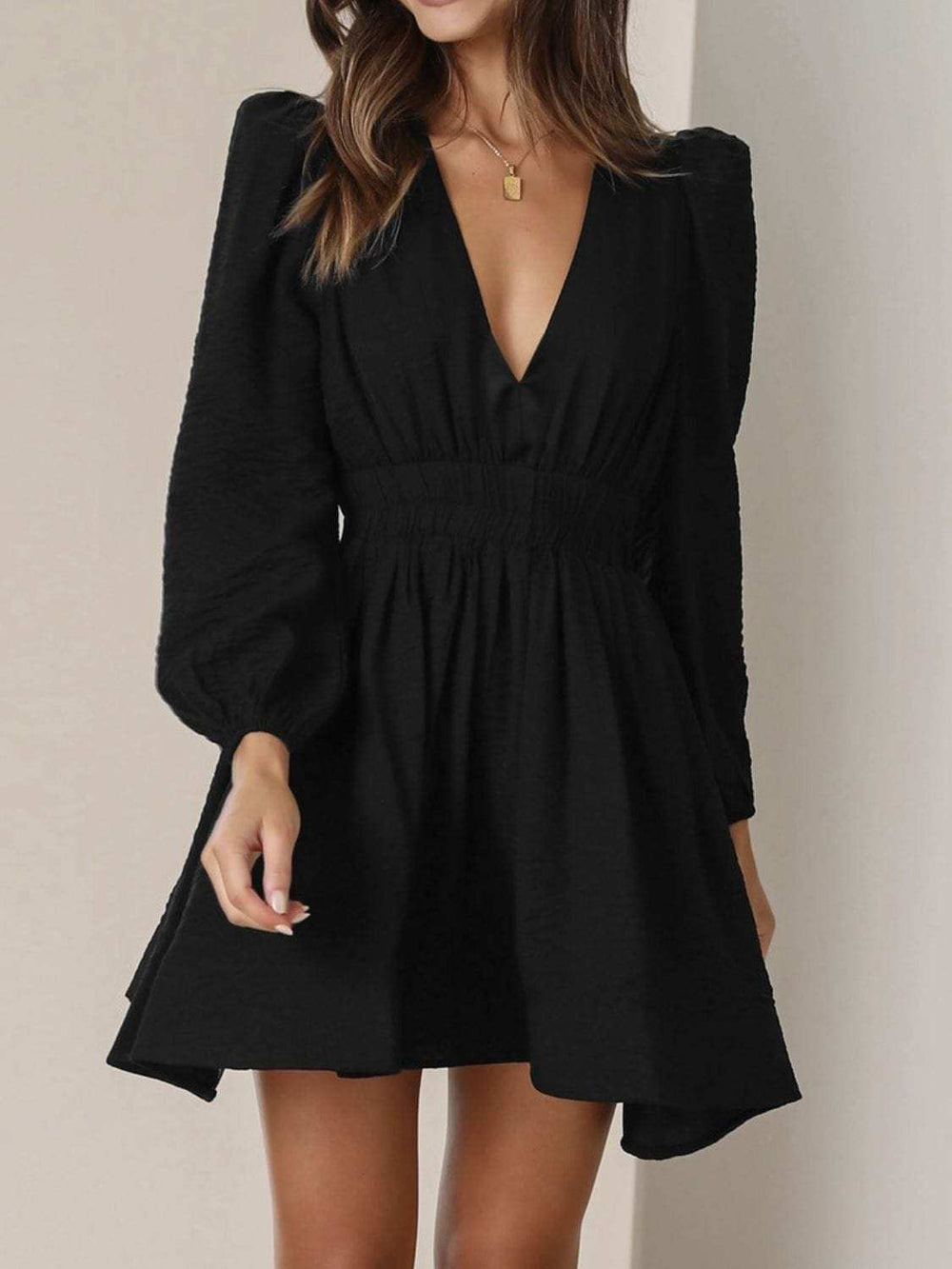 Ruched V-Neck Balloon Sleeve Mini Dress - Trendsi - Flyclothing LLC