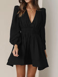 Ruched V-Neck Balloon Sleeve Mini Dress - Trendsi