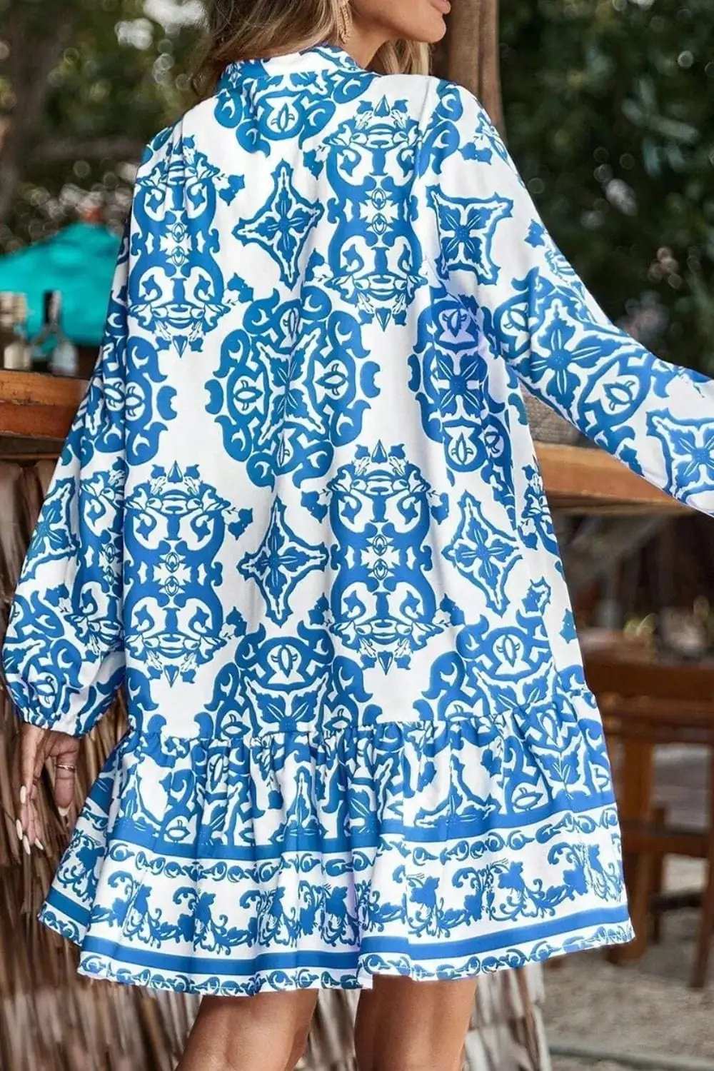 Ruffled Printed Notched Long Sleeve Dress - Trendsi - Flyclothing LLC