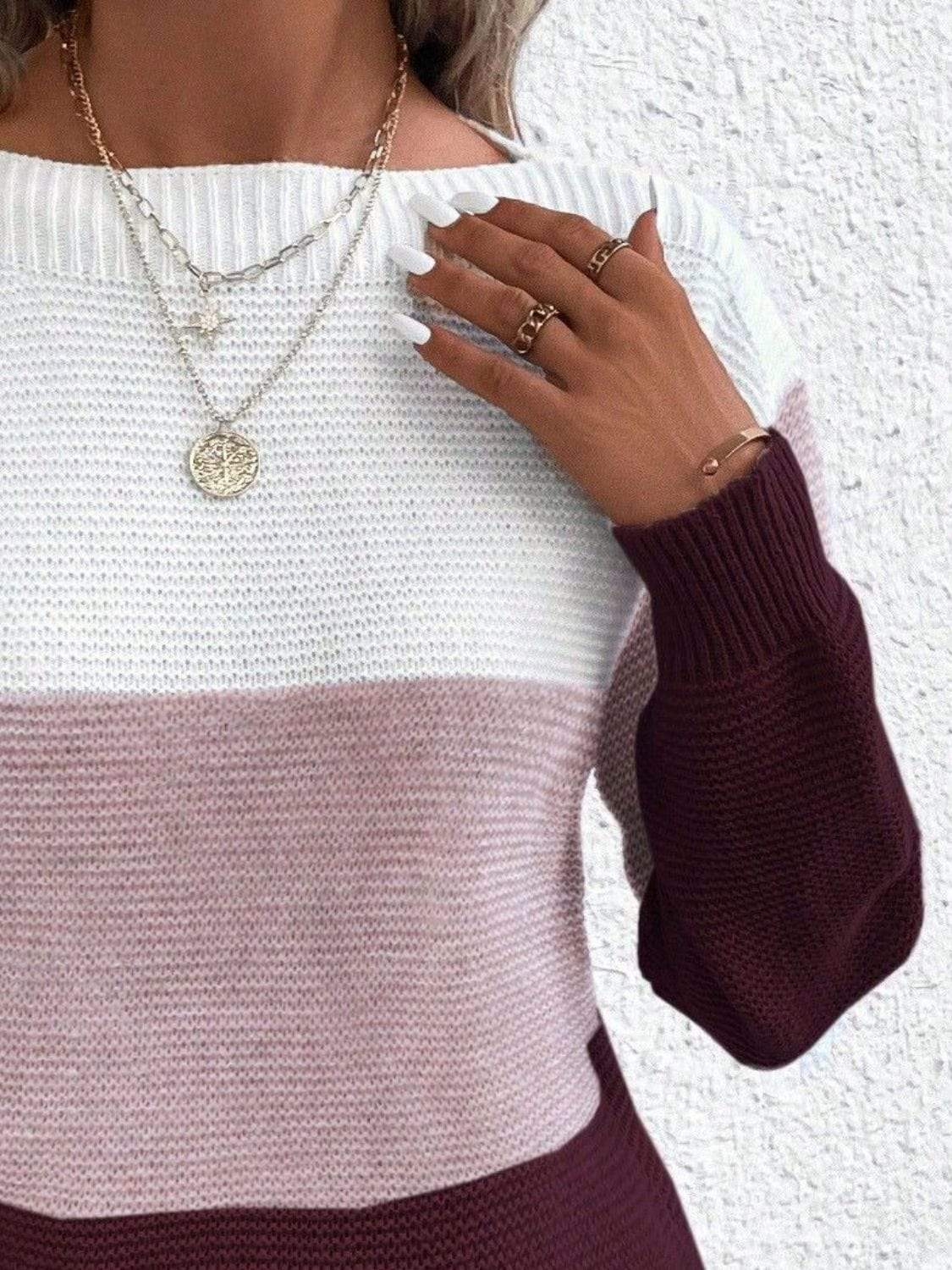 Color Block Boat Neck Sweater - Trendsi - Flyclothing LLC