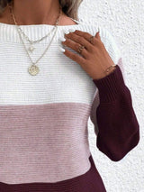 Color Block Boat Neck Sweater - Trendsi - Flyclothing LLC