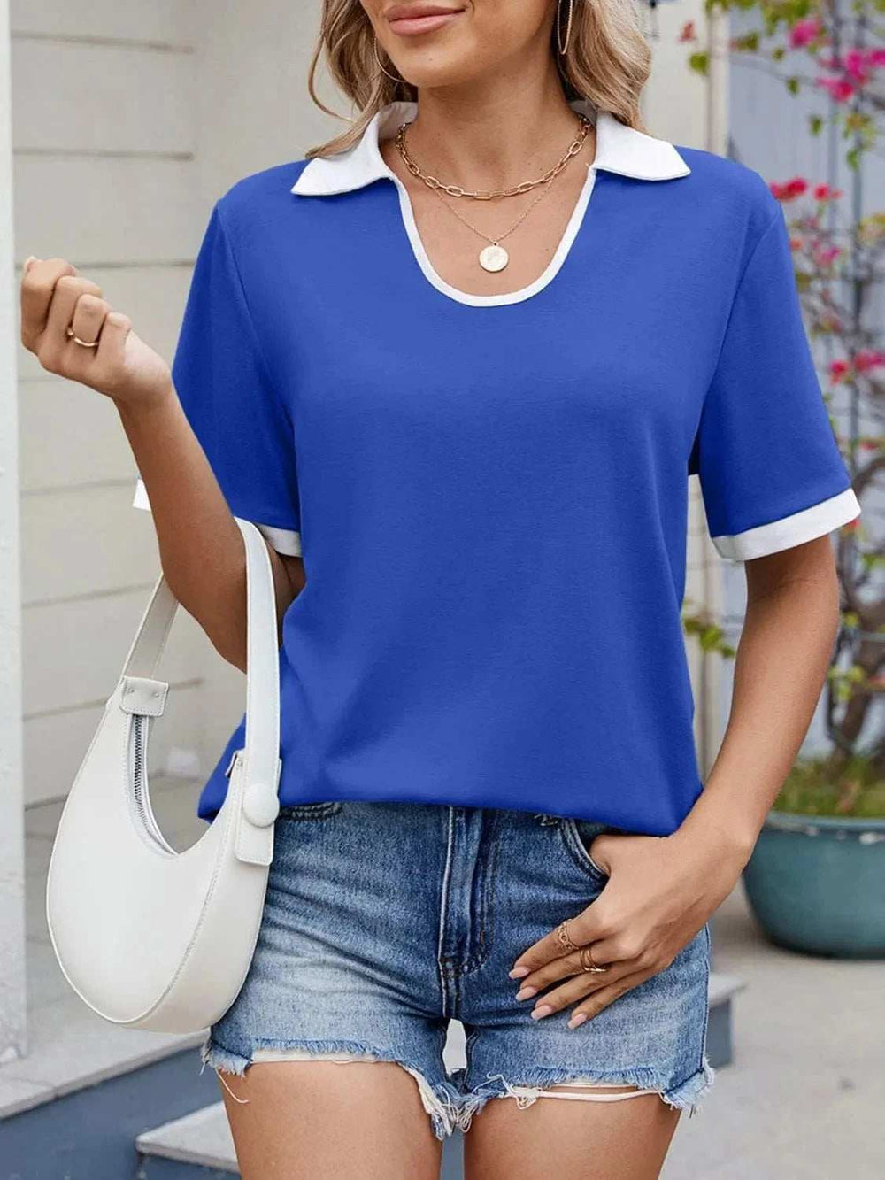 Contrast Trim Collar Short Sleeve Casual T-Shirt - Trendsi - Flyclothing LLC
