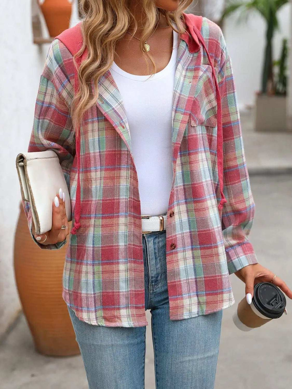 Plaid Long Sleeve Hooded Jacket - Trendsi - Flyclothing LLC