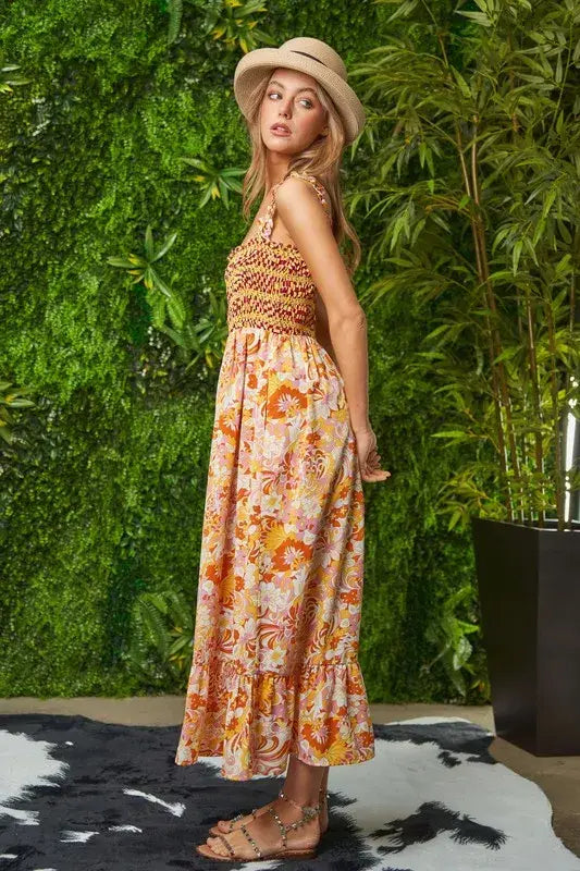 Davi & Dani Multi Smocked Bodice Geo Ruffle Strappy Midi Dress - Trendsi - Flyclothing LLC