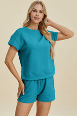 Double Take Full Size Texture Short Sleeve Top and Shorts Set - Trendsi