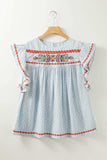 Embroidered Round Neck Cap Sleeve Blouse - Trendsi - Flyclothing LLC