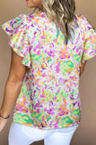 Abstract Printed Ruffled Short Sleeve Notched Neck Blouse - Trendsi
