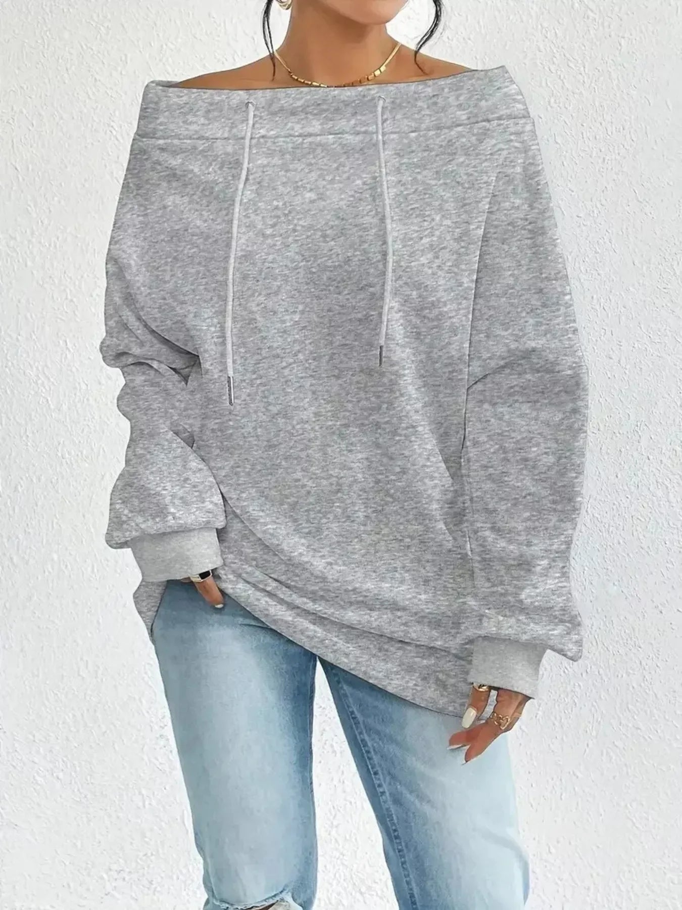 Off-Shoulder Drawstring Sweatshirt - Trendsi - Flyclothing LLC