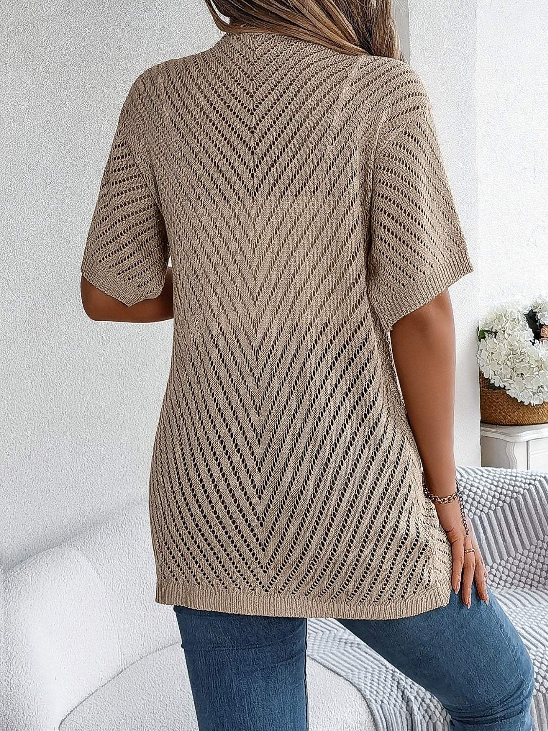 Openwork Open Front Half Sleeve Cardigan - Trendsi - Flyclothing LLC