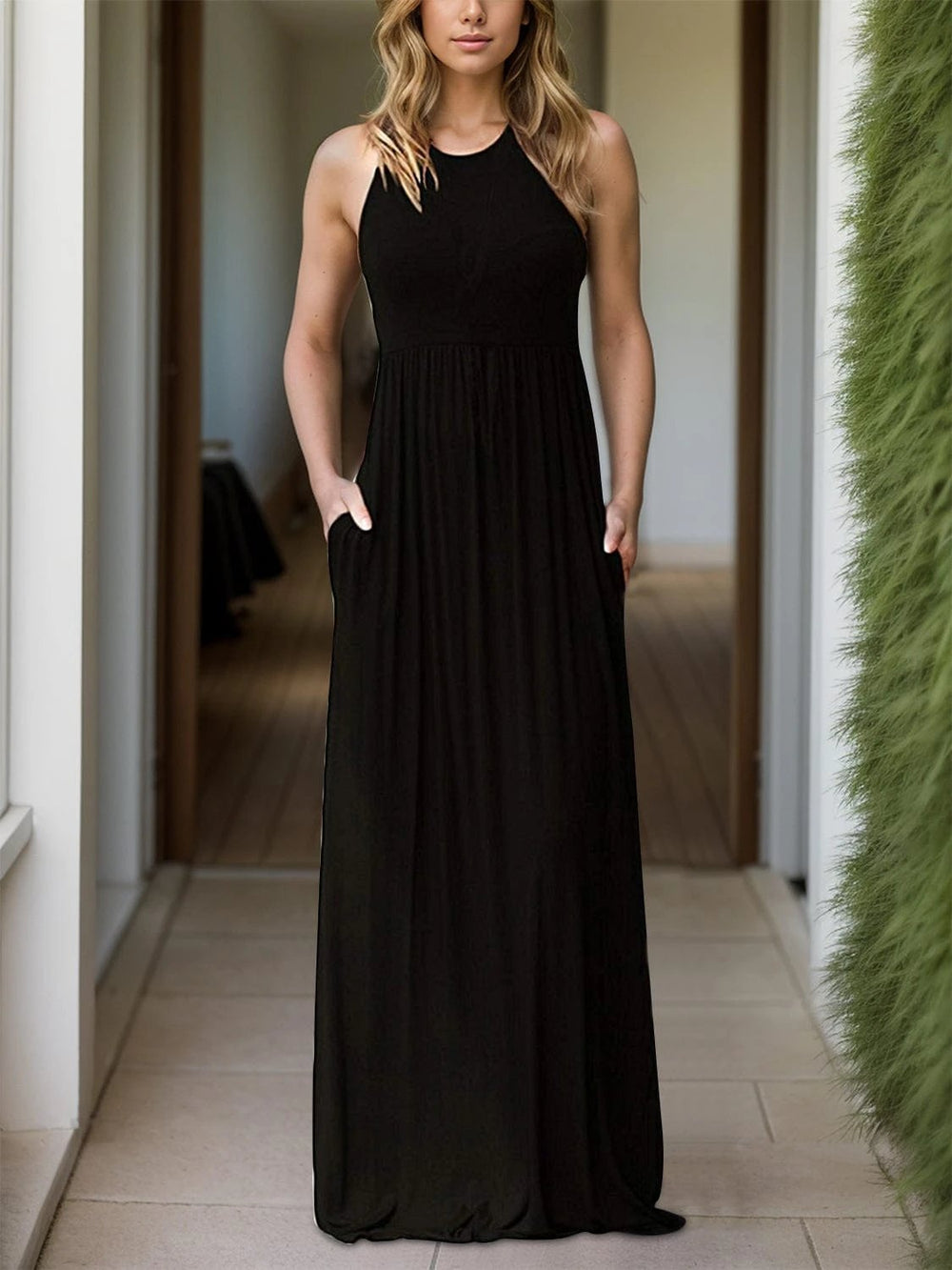 Pocketed Round Neck Sleeveless Dress - Trendsi