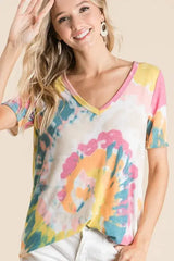 BiBi Circular Tie Dye Print V Neck Top - Trendsi - Flyclothing LLC