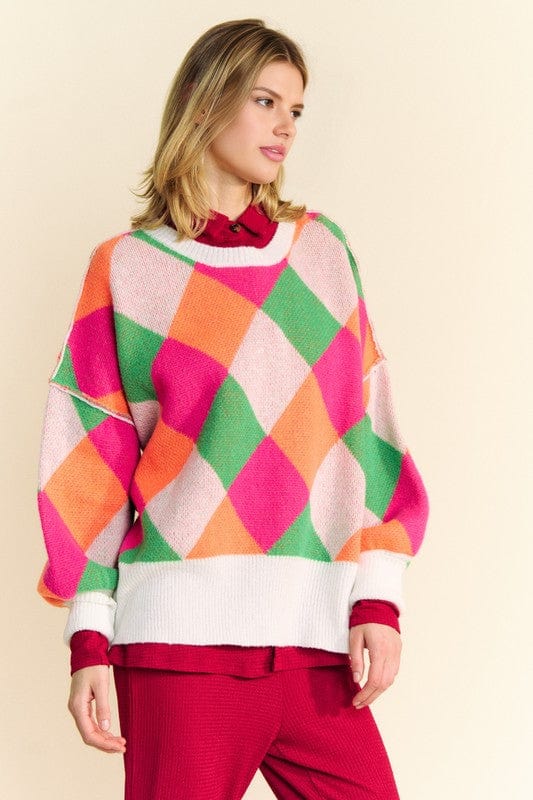 Davi & Dani Exposed Seam Color Block Dropped Shoulder Sweater - Trendsi