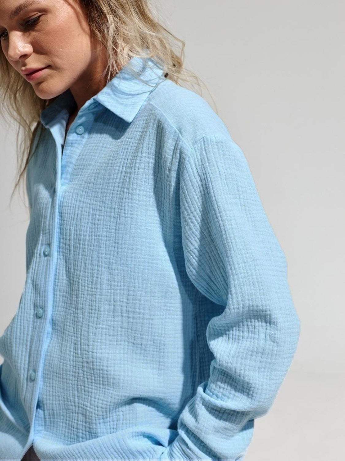 Textured Collared Neck Long Sleeve Shirt - Trendsi - Flyclothing LLC