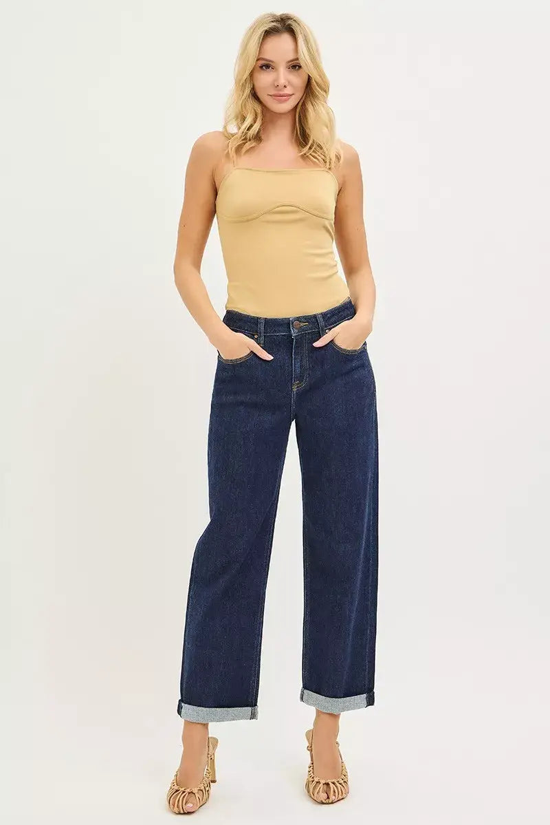 RISEN Slouchy Cropped Boyfriend Jeans With Cuffed Hem - Trendsi - Flyclothing LLC