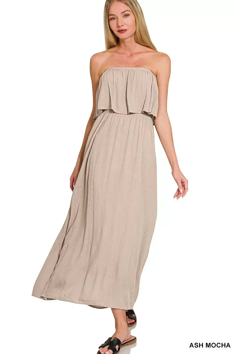 Zenana Woven Crinkle Strapless Maxi Dress - Trendsi - Flyclothing LLC