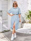 Button Up Dropped Shoulder Denim Dress - Trendsi