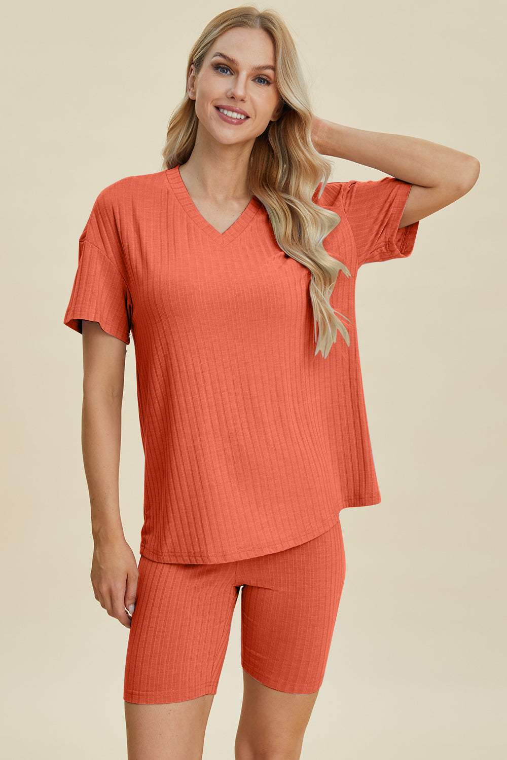 Basic Bae Full Size Ribbed V-Neck Short Sleeve Top and Shorts Set - Trendsi - Flyclothing LLC