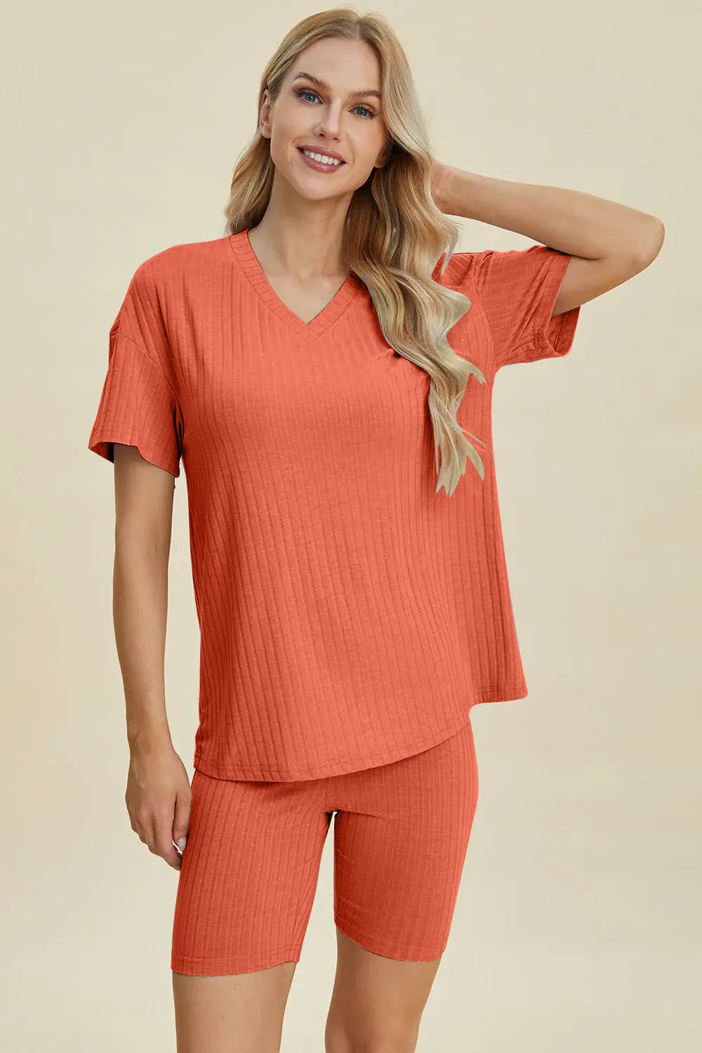 Basic Bae Full Size Ribbed V-Neck Short Sleeve Top and Shorts Set - ShopBasicbae - Flyclothing LLC