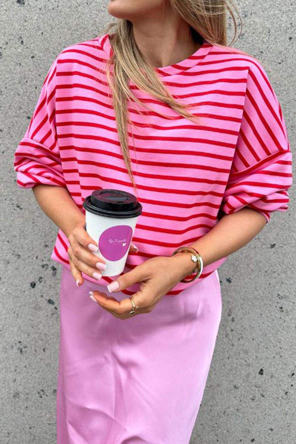 Striped Round Neck Long Sleeve Sweatshirt - Trendsi - Flyclothing LLC