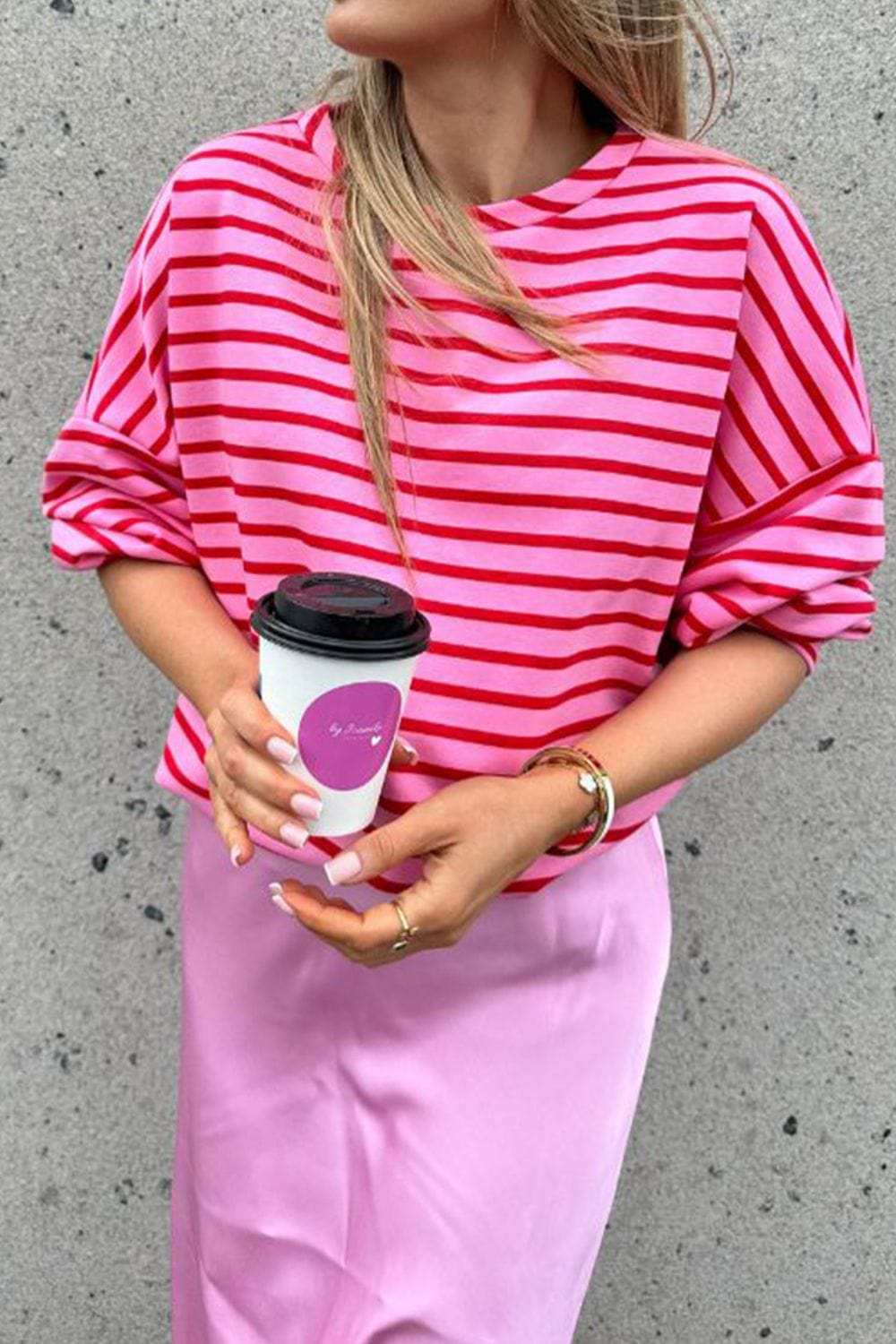 Striped Round Neck Long Sleeve Sweatshirt - Trendsi - Flyclothing LLC