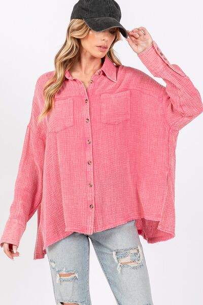 SAGE + FIG Frayed Hem Side Slit Button Down Shirt - Trendsi - Flyclothing LLC
